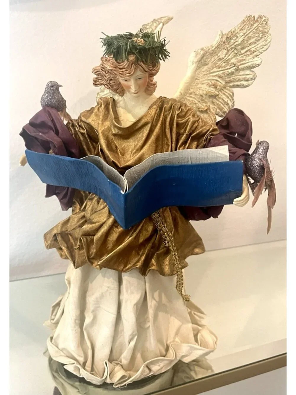 Vtg Christmas Angel Tree Topper Resin Florentine Fabric Mache Bird Book Victoria